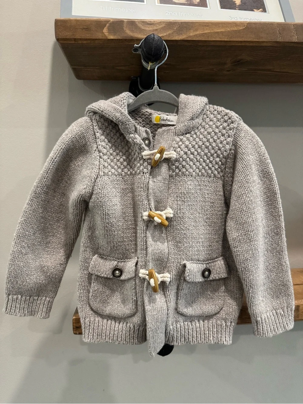 Baby Boden Gray Hooded Knit Sweater Jacket w/ Buttons & Toggle Fasteners